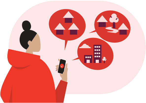 Illustration of a person using their phone to access the community finder quiz.